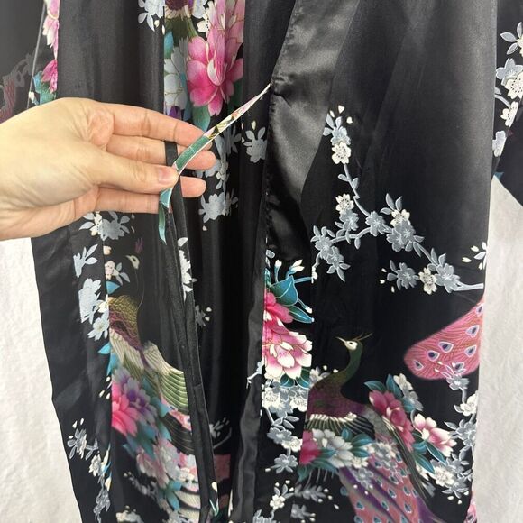 Sam Well Black Floral Peacock Belted Satin Kimono Robe Womens OSFM - Picture 6 of 14